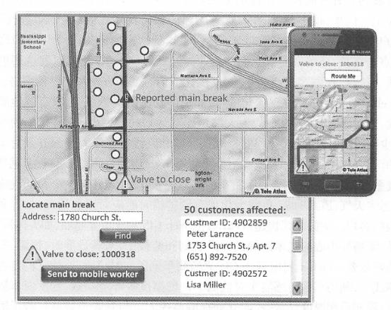 In this schematic diagram,WebGIS is used to help water companies quickly mark the specific location of pipeline rupture. Find out the valves that need to be closed, send this information to the mobile phone of the field worker, Users who will be affected are also listed so that they can be notified. (Thanks:TeleAtlas North America, Inc.)
