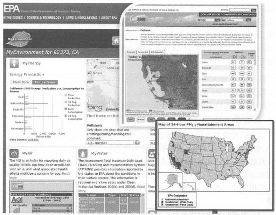 The U.S. Environmental Protection Agency uses websites such as "My Environment" and "Current Air" to Provide environmental information to the public in a timely manner in the form of maps and reports. (Acknowledgement: U.S. Environmental Protection Agency)