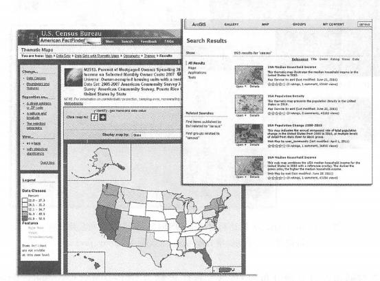 The U.S. Census Bureau uses WebGIS to publish census information. Left: The proportion of households in each state that spend more than 30% of their monthly income on repaying their home loans. See the legend for specific rankings. Right:EsriArcGIS Online can find hundreds of demographic-related Web map services and applications, They are all processed and derived from Census Bureau data. (Acknowledgement: U.S. Census Bureau)