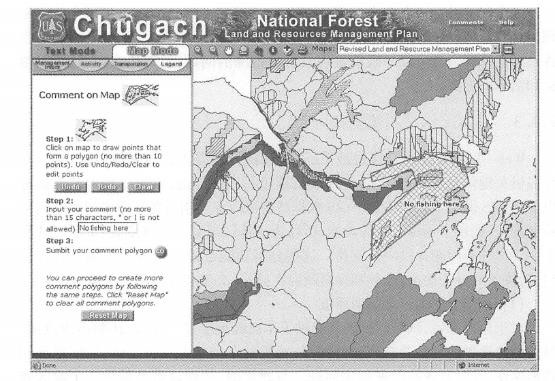 WebGIS was used in the 2003 U.S. Forest Service's ePlan herring pilot project in Chugach Forest, Alaska. Allowing the public to easily browse information on government plans or projects, and being able to mark them on maps and publish suggestions. (Acknowledgements: U.S. National Forest Service and U.S. National Land Service)