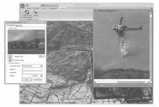Using the tagging extension of desktop ArcExplorer, users can specify where to take photos (left), You can also display photos with geotags at the corresponding location on the map. (Acknowledgement: U.S. Geological Survey)
