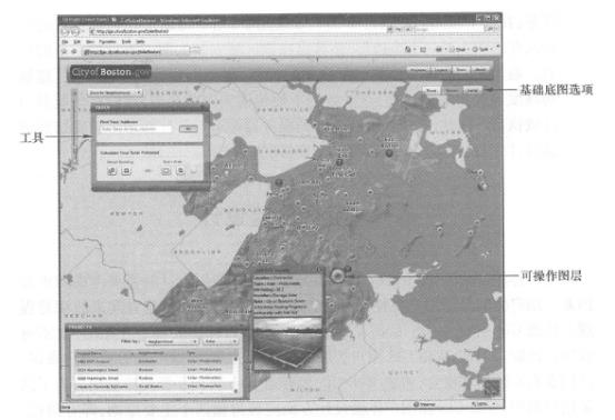 Boston Solar Project WebGIS application consists of a basic basemap, operation layers and tasks, Demonstrate an optimal division of labor between server and client. (Thanks: Boston Bureau of Renewal)