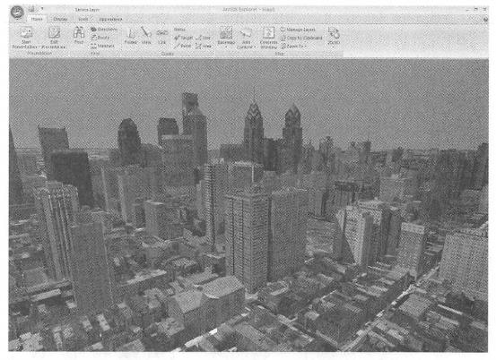 Three-dimensional map services can show terrain and urban architectural landscapes. The figure shows browsing a 3D map service from Philadelphia, USA published by ArcGIS Server in ArcGISExplorer. (Acknowledgement:PiCtometry International and U.S. Geological Survey)