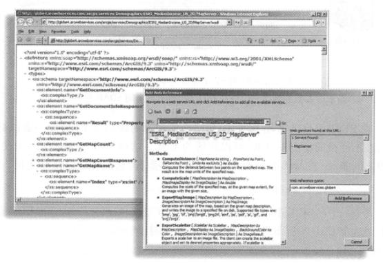 Web services published by ArcGIS Server support both SOAP and REST interfaces. The upper left figure shows the Web service description language for an ArcGIS Server map service, The figure below on the right shows that Microsoft Visual Studio generates local API functions based on WSDL
