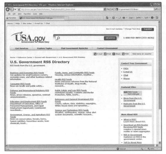 RSS is a way to publish real-time information. Thousands of RSS links are available on the U.S. government portal USA. gov. These RSS are provided by departments such as business, economics, health, public security, technology, environment, energy, agriculture, housing, and weather. (Thanks:USA.gov)