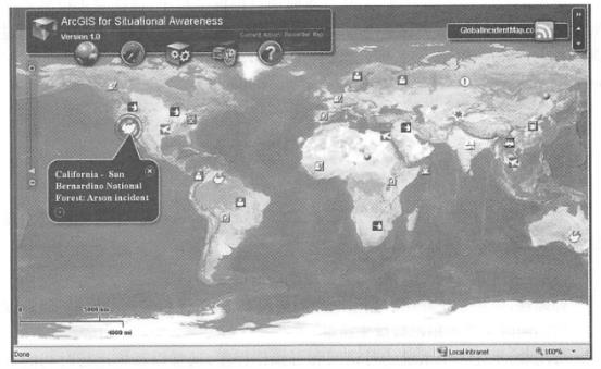 com provides a series of incidents related to public security and terrorist threats in GeoRSS format, This example utilizes ArcGISViewer for Flex to display these events and their locations. (Note: There are many intelligence sources, making it inconvenient-obtaining permission, this picture is a copy; thanks:TmnsitSecurityReport.com and the National Park Service)
