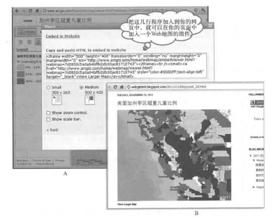 ArcGIS Online provides multiple sharing features, one of which is to provide you with a few lines of HTML source (A), This is actually a widget. Add these lines to your web page such as a blog and It will add a Web map (B) to your web page. (Acknowledgement: U.S. Census Bureau)