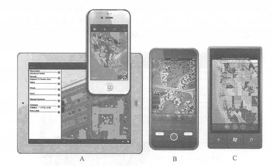 ArcGIS for iPhone and iPad (A) ,Android (B) ,Windows Phone (C) (Acknowledgements: U.S. Department of Agriculture and U.S. Census Bureau)