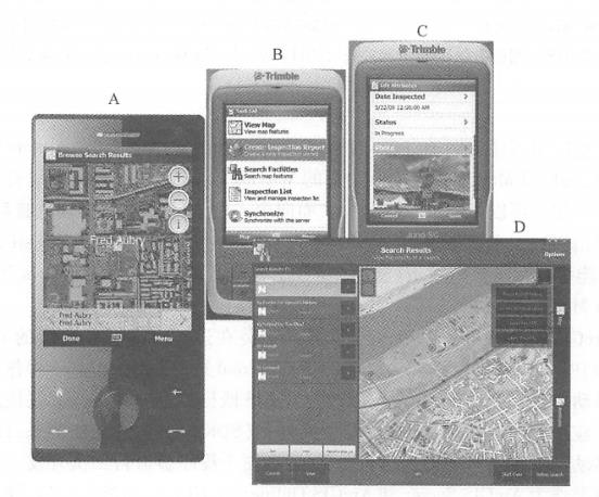 ArcMobile provides computing power and data from GIS servers to a variety of mobile devices, Can be used to (A) locate colleagues or devices;(B) perform assigned tasks through a task-oriented user interface; (C)Edit attribute data and add photos;(D) Use its tablet version of the night view interface. (Thanks:ANDAutomotive Navigation Data,Tele Atlas NorthAmerica, Inc., GeoEye, i-Cubed and Trimble)