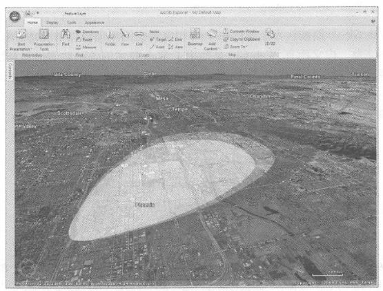 ArcGISExplorer Desktop Edition is a 2D map and 3D virtual earth browser that can call multiple Web services from ArcGIS Server. In this figure, ArcGIS Explorer calls ArcGIS Server's geographic analysis service to display the areas that may be affected by the poison gas leak. (Thanks:AND Automotive Navigation Data and Tele Atlas North America,  Inc\_  )