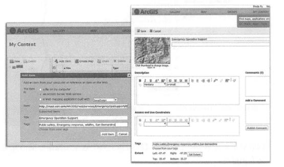 ArcOnline portal uses "Metadata 0" style metadata to Publishers only need to provide a small amount of information (as shown on the left), publish content quickly, Publishers can also edit metadata (shown in the right), add more details, and enable users to comment on metadata
