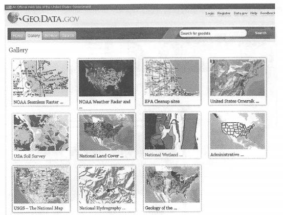 Many government departments share their data through Web services. This is Geo. Data,gov portal lists some of the Web services published by U.S. federal agencies, The content covers basic base maps, meteorology, environmental pollution, soil, hydrology, geology, land use types, etc. (Acknowledgements: U.S. Geological Survey, U.S. National Oceanic and Atmospheric Administration, U.S. Environmental Protection Agency, U.S. Department of Agriculture, and U.S. National Forest Service)