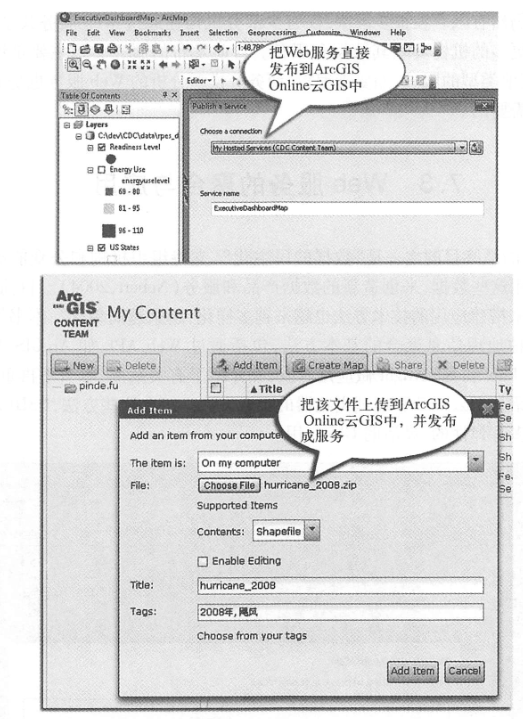 Users can use the ArcGIS desktop (above) or directly use the Web browser (below) to upload your data to ArcGIS Online and publish it as a service, Hosted in ArcGIS Online cloud GIS (Note: This user requires permission to publish services)