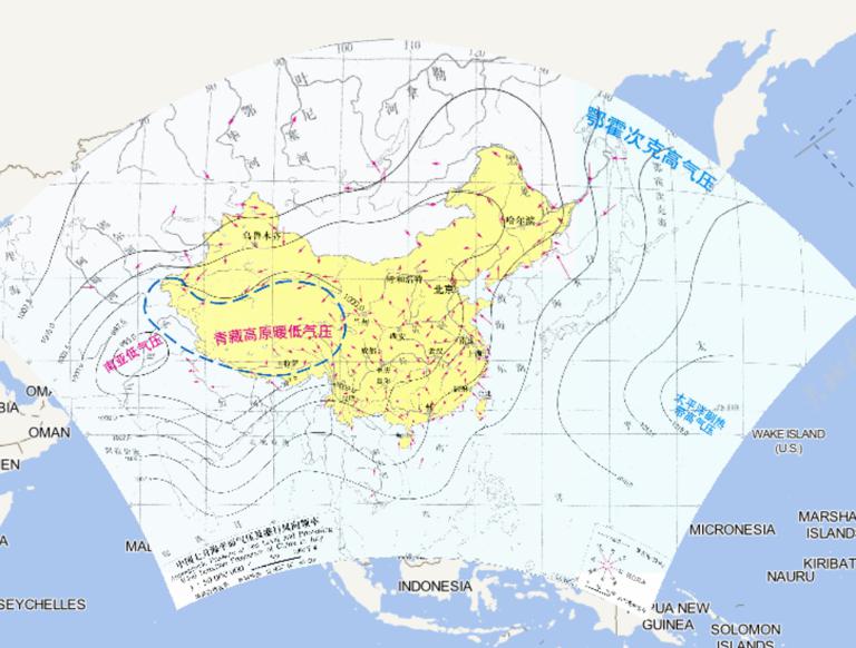 Online map of Chinese sea level pressure and prevailing wind direction frequency in July